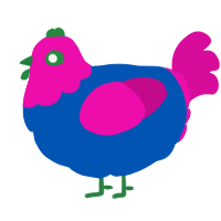 A ultramarine and fuchsia chicken with a head pattern