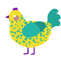 姫, a yellow and turquoise chicken with a speckle pattern