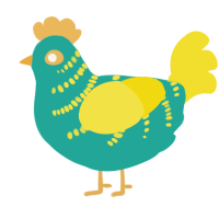 A turquoise and yellow chicken with a half-bar pattern
