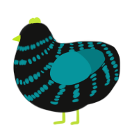 A black and teal chicken with a bar pattern