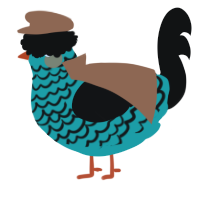 A turquoise and black chicken with a lace pattern