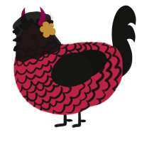 A crimson and black chicken with a lace pattern
