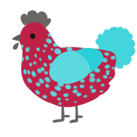 A crimson and aqua chicken with a speckle pattern