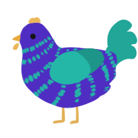 A indigo and turquoise chicken with a bar pattern