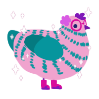 A pink and teal chicken with a bar pattern