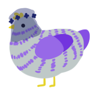 A silver and blurple chicken with a bar pattern
