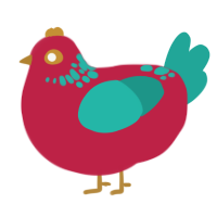 A crimson and turquoise chicken with a neck-speckle pattern