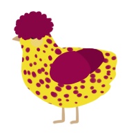 A yellow and maroon chicken with a speckle pattern
