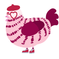 A rose and maroon chicken with a bar pattern