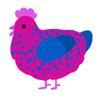 A fuchsia and ultramarine chicken with a speckle pattern