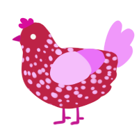 Good Vibes, a crimson and lavender chicken with a speckle pattern