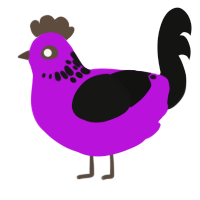POLLO BARATISIMO, a amethyst and black chicken with a neck-speckle pattern