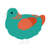 A turquoise and vermilion chicken with a neck-speckle pattern