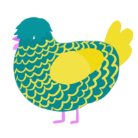 A teal and yellow chicken with a lace pattern