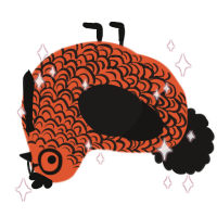 A vermilion and sable chicken with a double-lace pattern