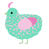 A mint and pink chicken with a speckle pattern