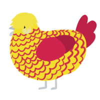 A yellow and crimson chicken with a lace pattern
