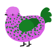 Strawberry, a orchid and leaf chicken with a speckle pattern
