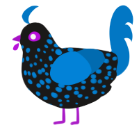 Glow, a sable and sapphire chicken with a speckle pattern
