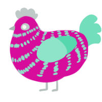 A fuchsia and mint chicken with a bar pattern