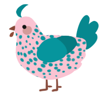 Alice, a rose and teal chicken with a speckle pattern