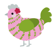 Rosie, a pink and chartreuse chicken with a bar pattern