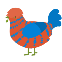 Blorange, a vermilion and sapphire chicken with a bar pattern