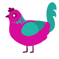 Raspberry Pi, a fuchsia and turquoise chicken with a neck-speckle pattern