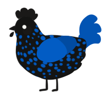 A black and ultramarine chicken with a speckle pattern