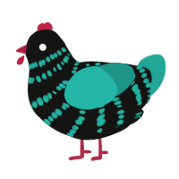 A black and turquoise chicken with a bar pattern