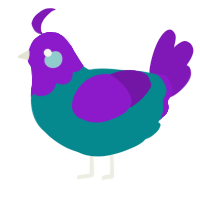 A teal and violet chicken with a head pattern