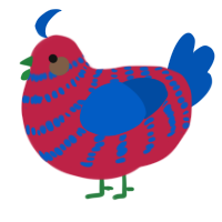 A crimson and ultramarine chicken with a bar pattern