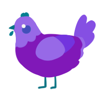 A violet and blurple chicken with a head pattern