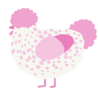 A white and pink chicken with a speckle pattern