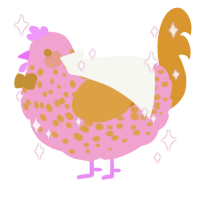 Happy, a pink and orange chicken with a speckle pattern