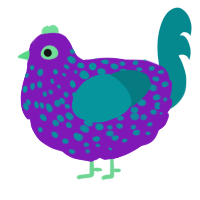 A violet and teal chicken with a speckle pattern