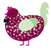 A maroon and gluppy chicken with a speckle pattern