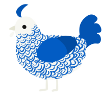 Blue Cheese, a white and ultramarine chicken with a double-lace pattern