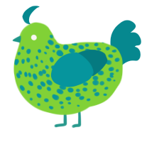 A grass and teal chicken with a speckle pattern