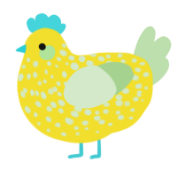 A yellow and gluppy chicken with a speckle pattern
