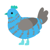 Sam, a sky and grey chicken with a bar pattern