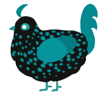 A black and teal chicken with a speckle pattern