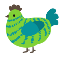 A grass and teal chicken with a bar pattern