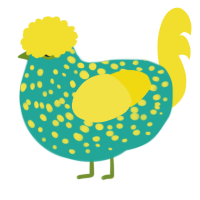 A turquoise and yellow chicken with a speckle pattern