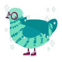 Fourteen, a mint and teal chicken with a bar pattern