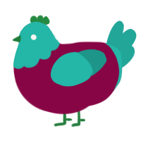 A maroon and turquoise chicken with a head pattern