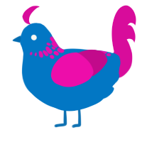 A sapphire and fuchsia chicken with a neck-speckle pattern