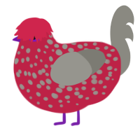cool hair guy, a crimson and ash chicken with a speckle pattern