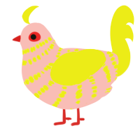 A rose and yellow chicken with a bar pattern