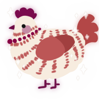A cream and red chicken with a bar pattern